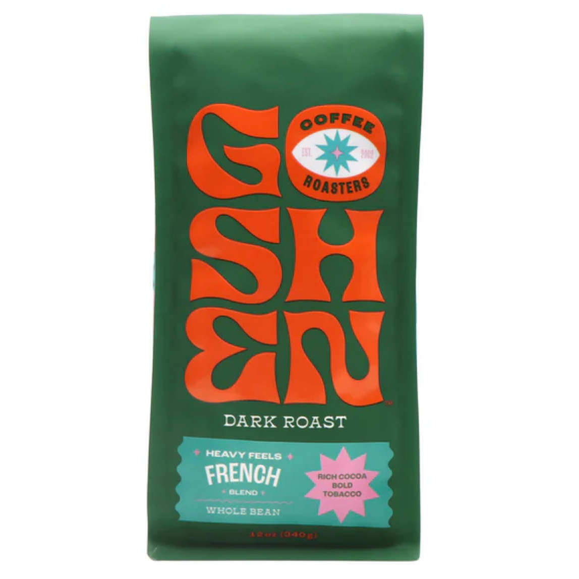 A green bag of coffee labeled "Goshen Coffee Roasters" in bold orange lettering. It is a dark roast with the description "Heavy Feels French Blend" and features flavor notes of "Rich Cocoa, Bold Tobacco." The bag contains whole beans and has a net weight of 12 ounces (340g).