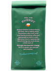 The back of a green coffee bag with the text "FEEL THE ENERGY" and a small illustration of a steaming cup. Below it reads, "Because Goshen is about flavors with feels. We’re talking about the positive vibes that come from having amazing coffee and good people to share it with. Take some time to replenish the kind of energy we could all use a little more of. We’ve got that Good Sh*t Energy. But if it’s easier, you can just call it Goshen." At the bottom, it displays the website "GoshenCoffee.com" 