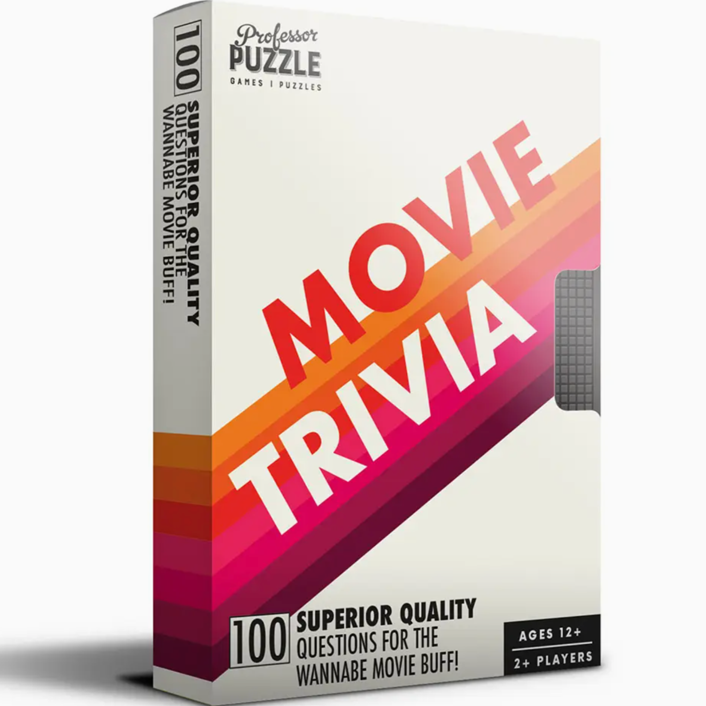 WHITE BOX WITH RED, PINK AND ORANGE STRIPES. IN RED AND WHITE IT READS "MOVIE TRIVIA" "100 SUPERIOR QUALITY QUESTIONS FOR THE WANNABE MOVIE BUFF"