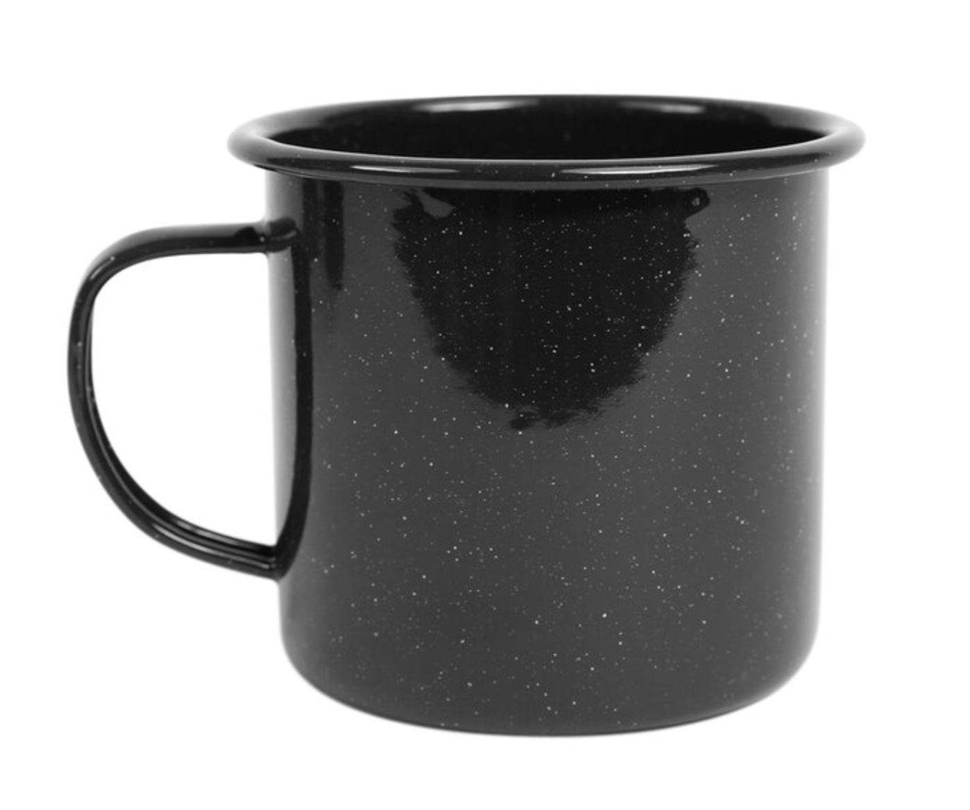 black speckled tin mug on whitebackground