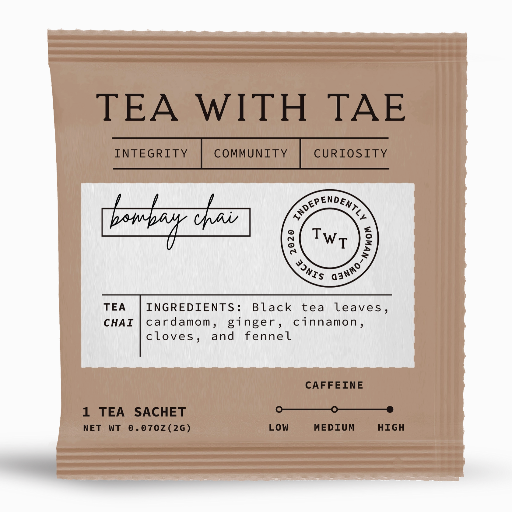 Light brown chai tea sachet with white box and black ink listing details of the tea