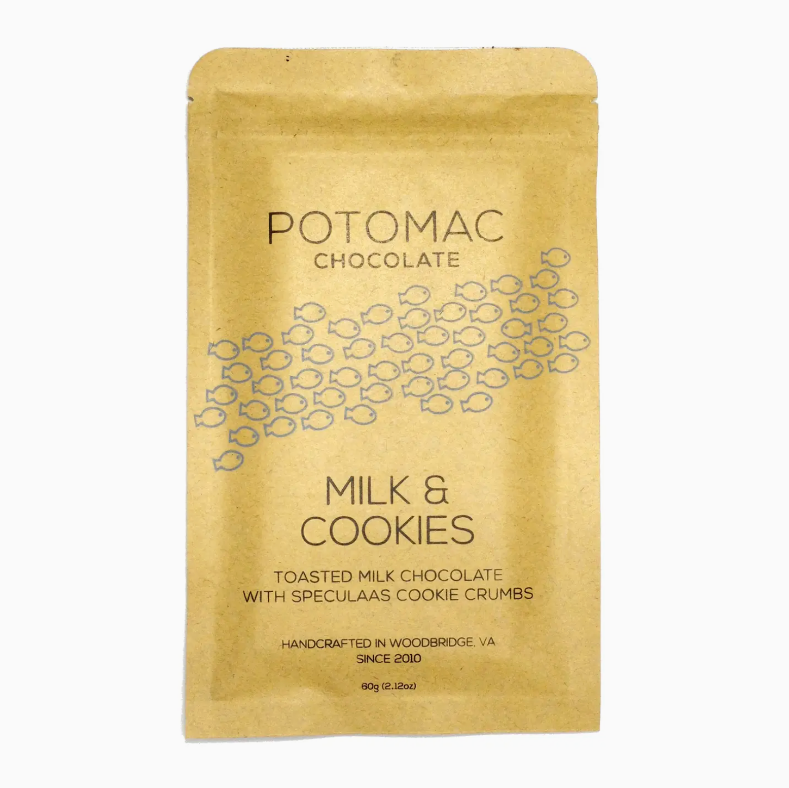 Kraft paper packaging of Potomac Chocolate with 'Milk & Cookies' flavor on a white background