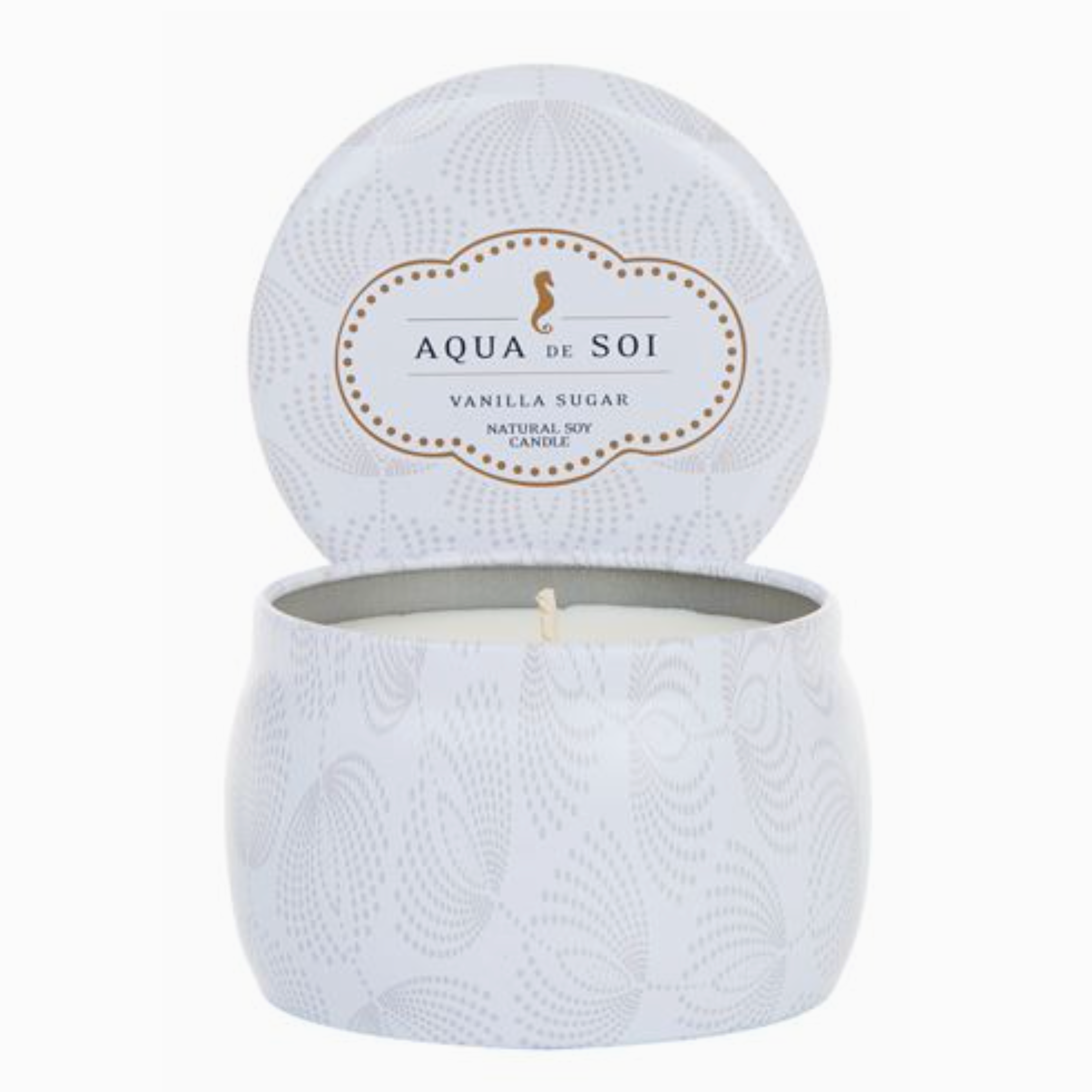 White textured candle with 'Aqua de Soi' label on a white background