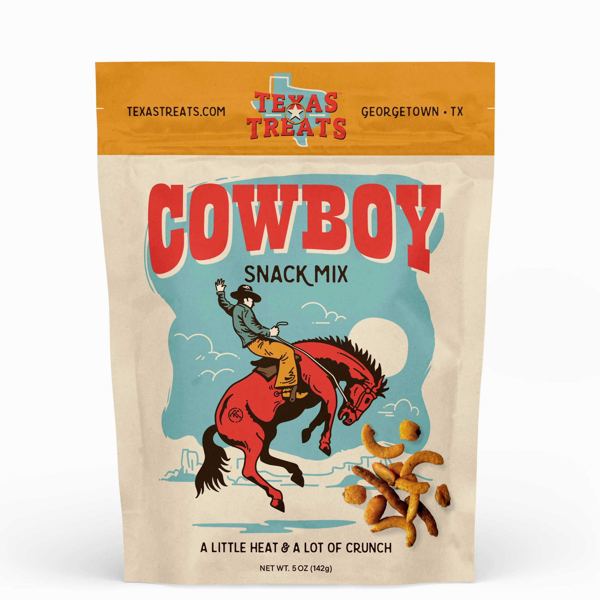 Packaging of Texas Treats Cowboy Snack Mix with a cowboy on a horse illustration.