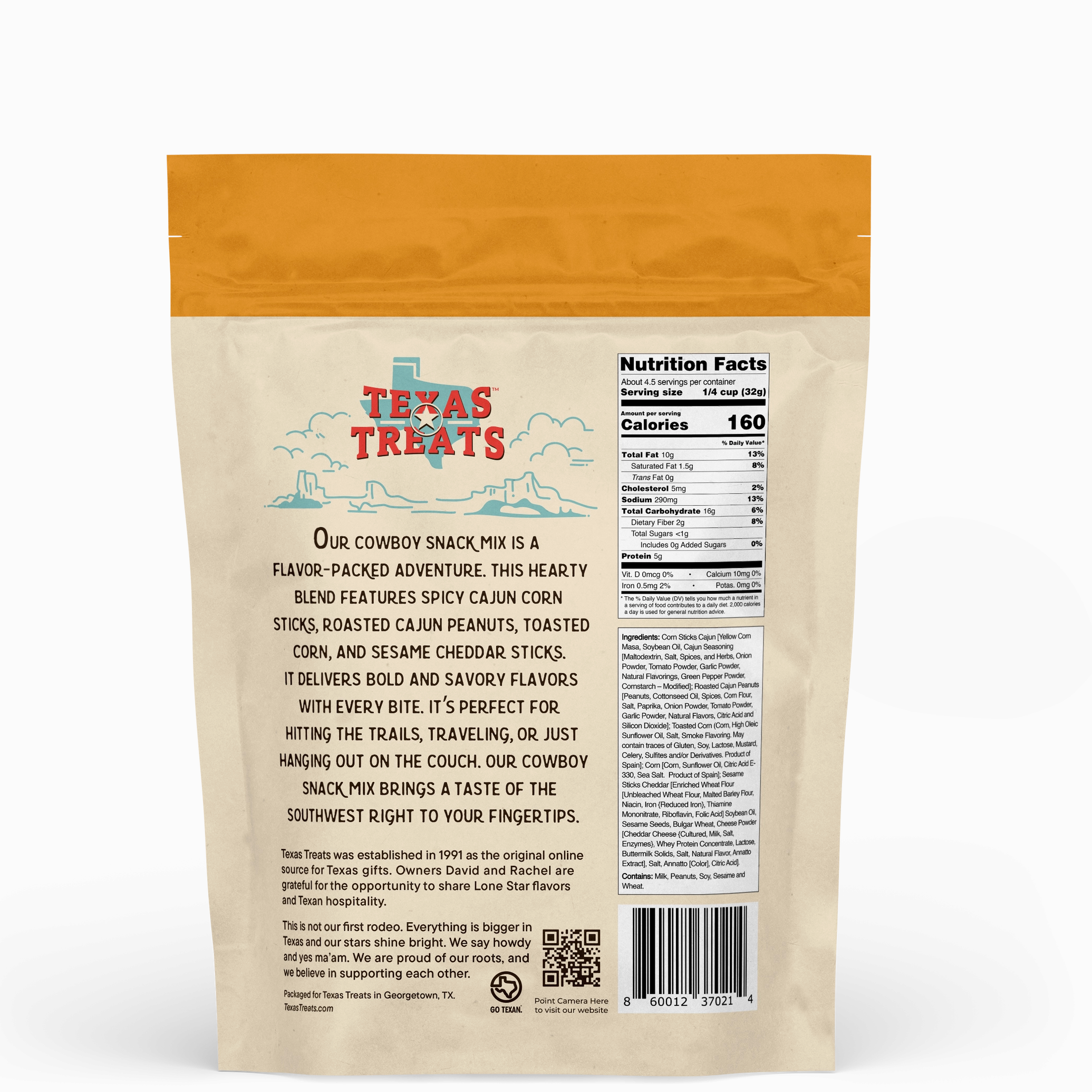Back of a Texas Treats snack mix package with text and nutrition facts.