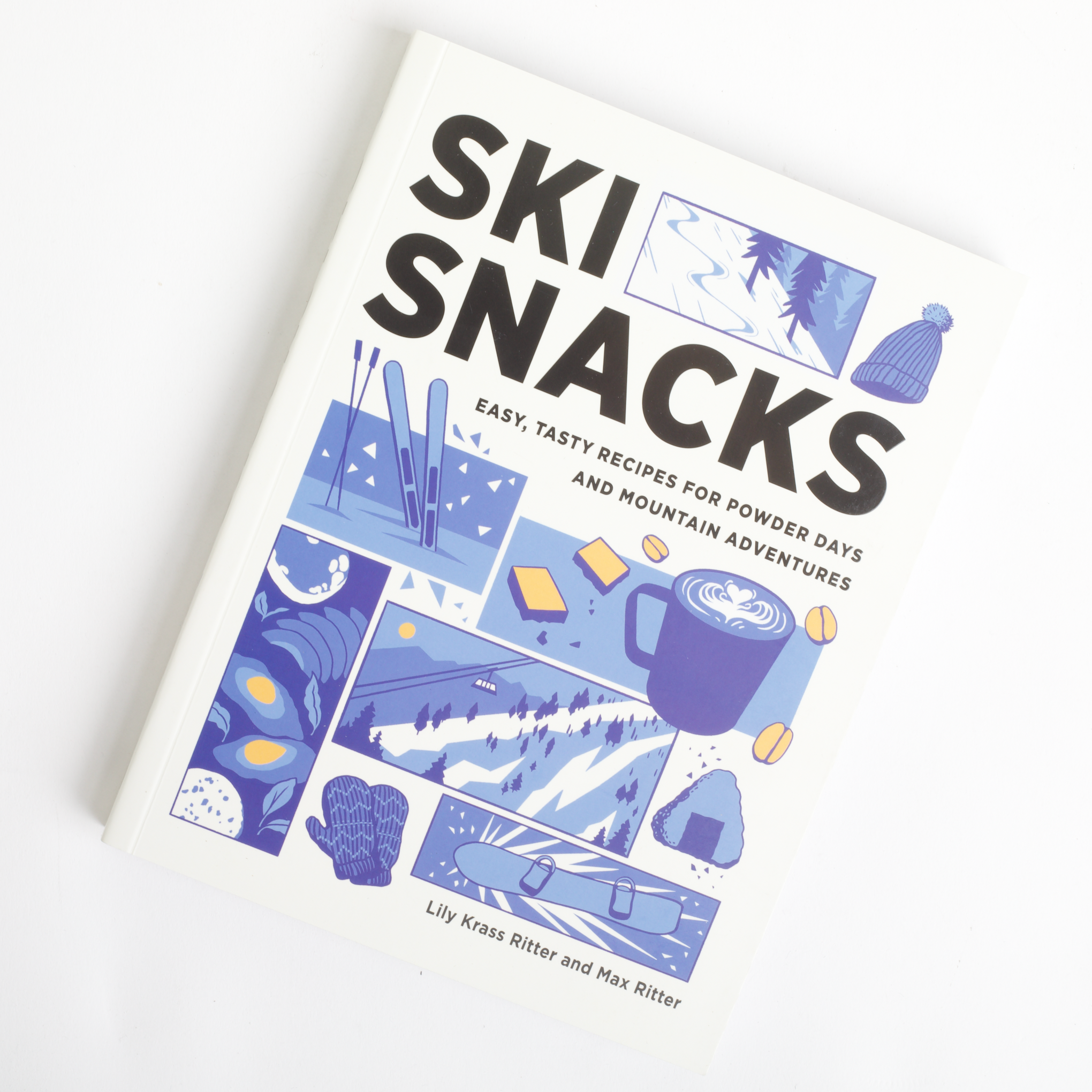 Book titled 'Ski Snacks' with blue illustrations on a white background