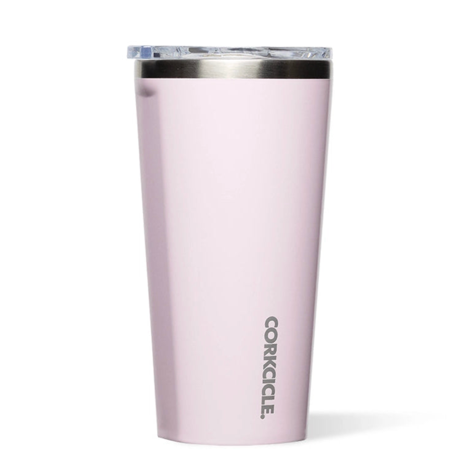 Pink tumbler with silver rim on a white background