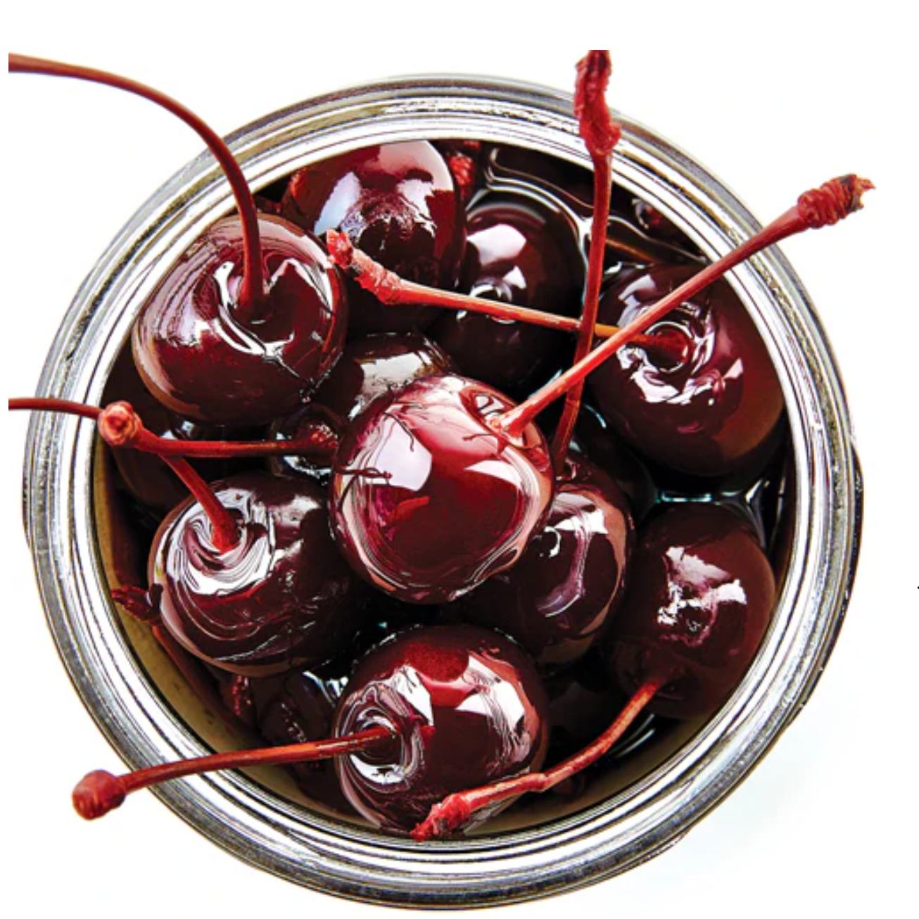 Jar of maraschino cherries on a white background