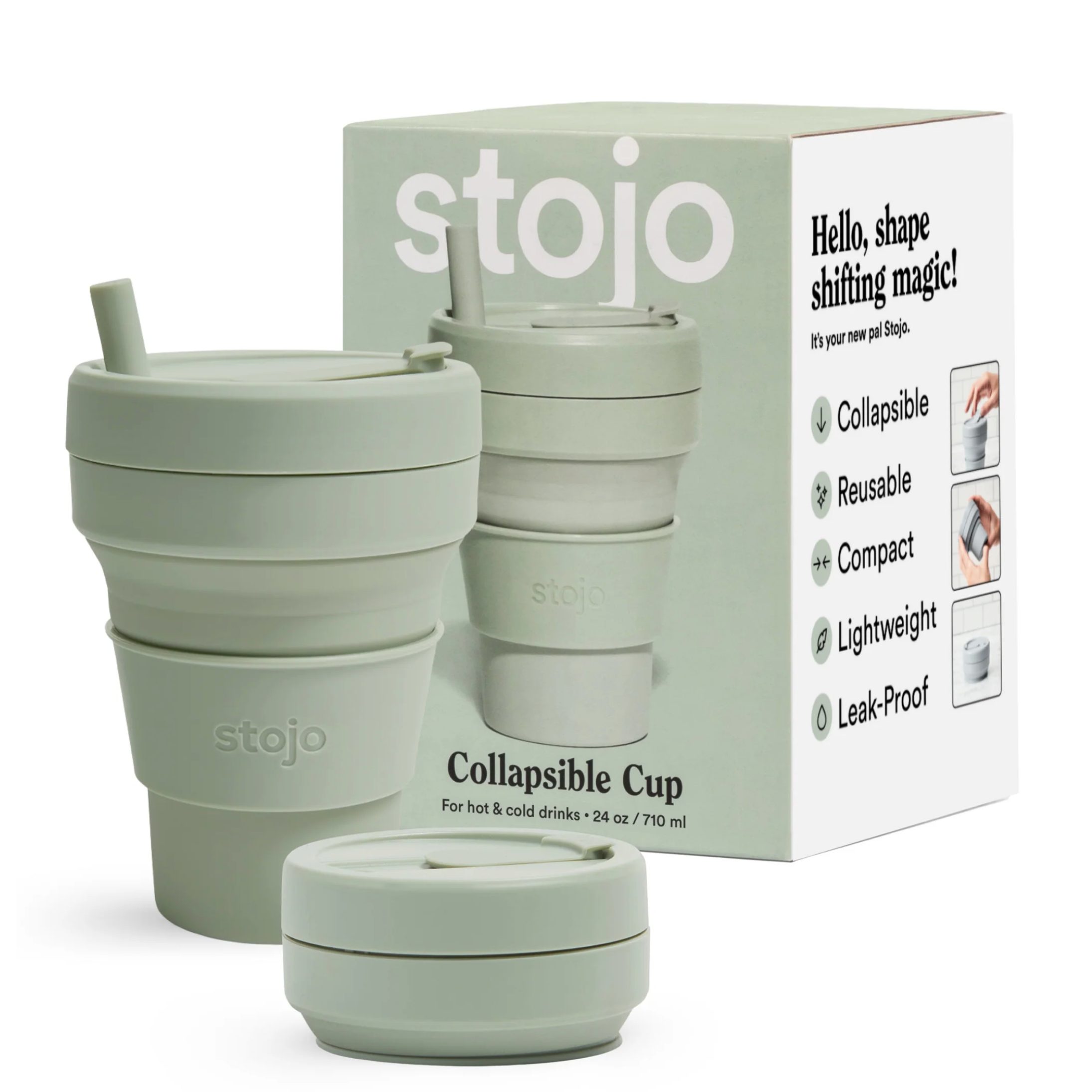 Collapsible cup with packaging displaying 'stojo' brand on a white background