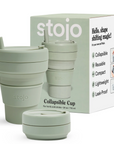 Collapsible cup with packaging displaying 'stojo' brand on a white background
