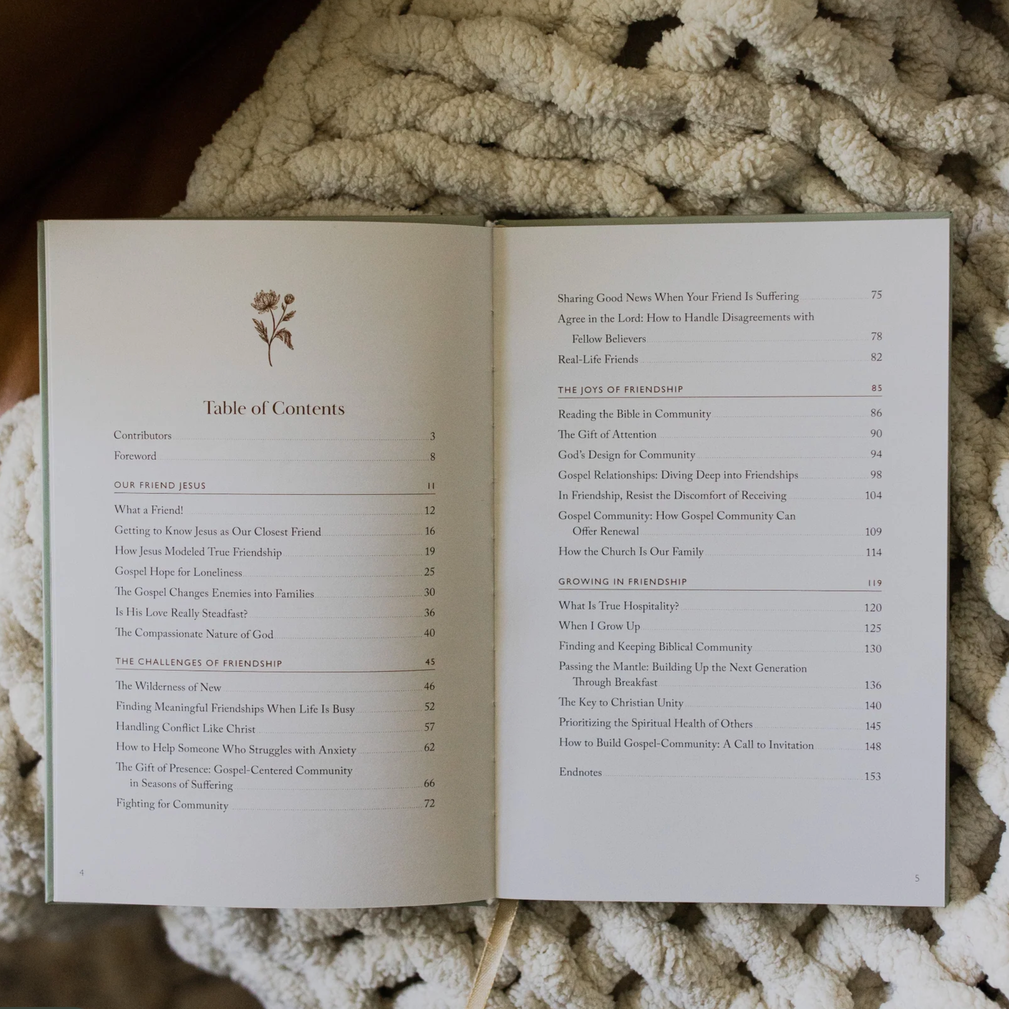 Open book with a table of contents on a textured surface