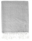 Gray and white striped blanket with fringes on a white background