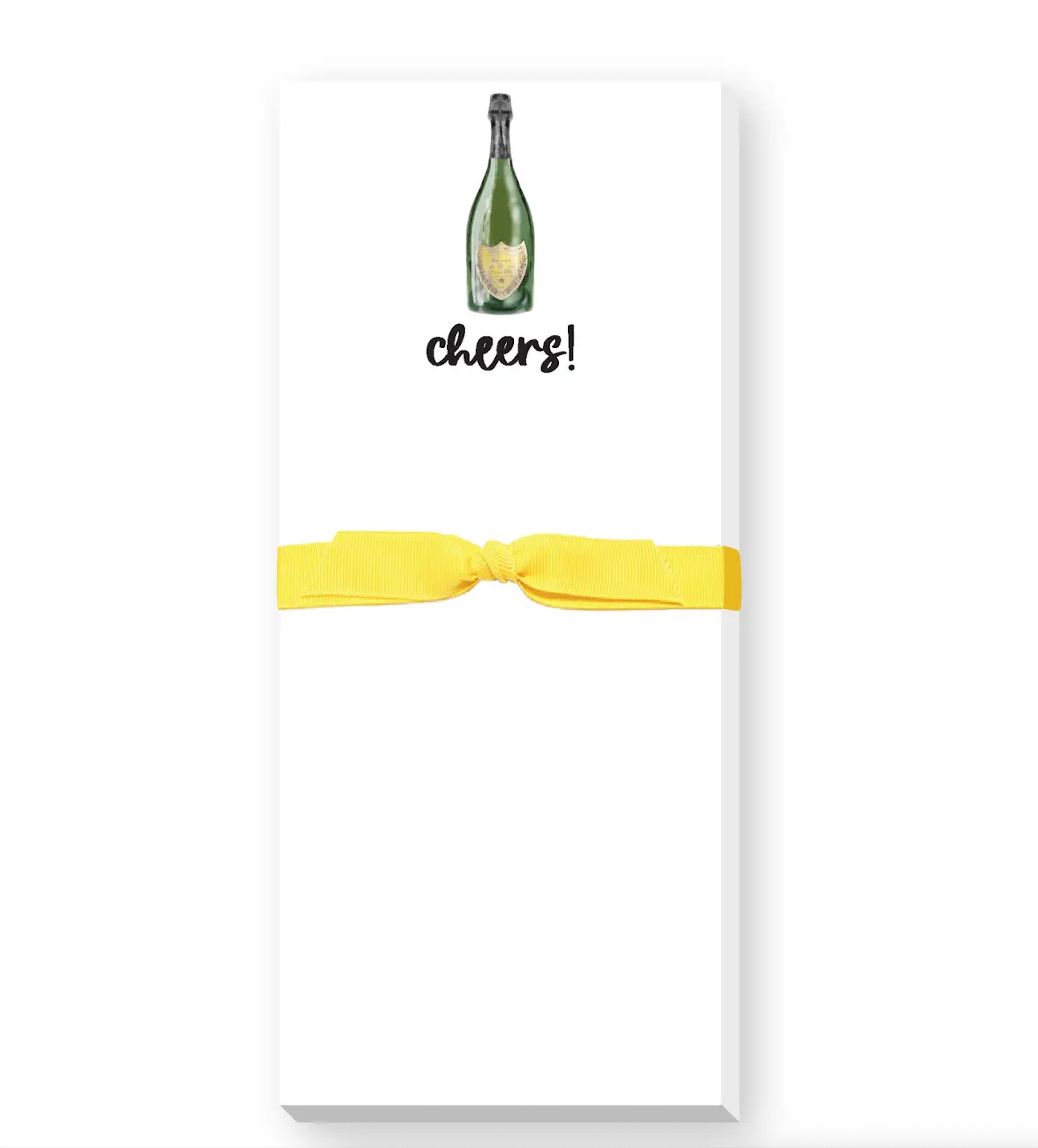 Notebook with champagne bottle illustration and 'cheers!' text on a white background