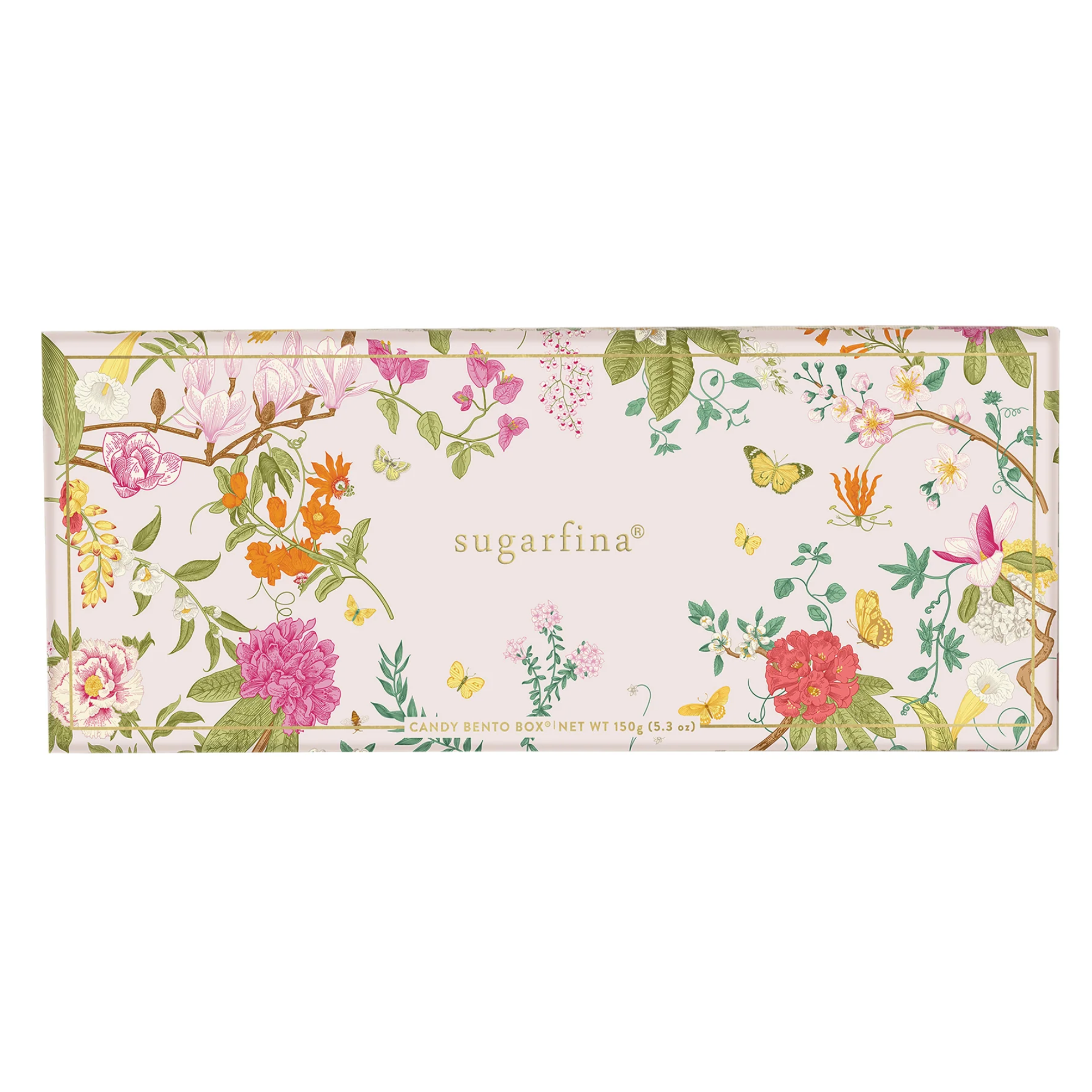 Floral-patterned chocolate box with 'sugarfina' branding on a white background
