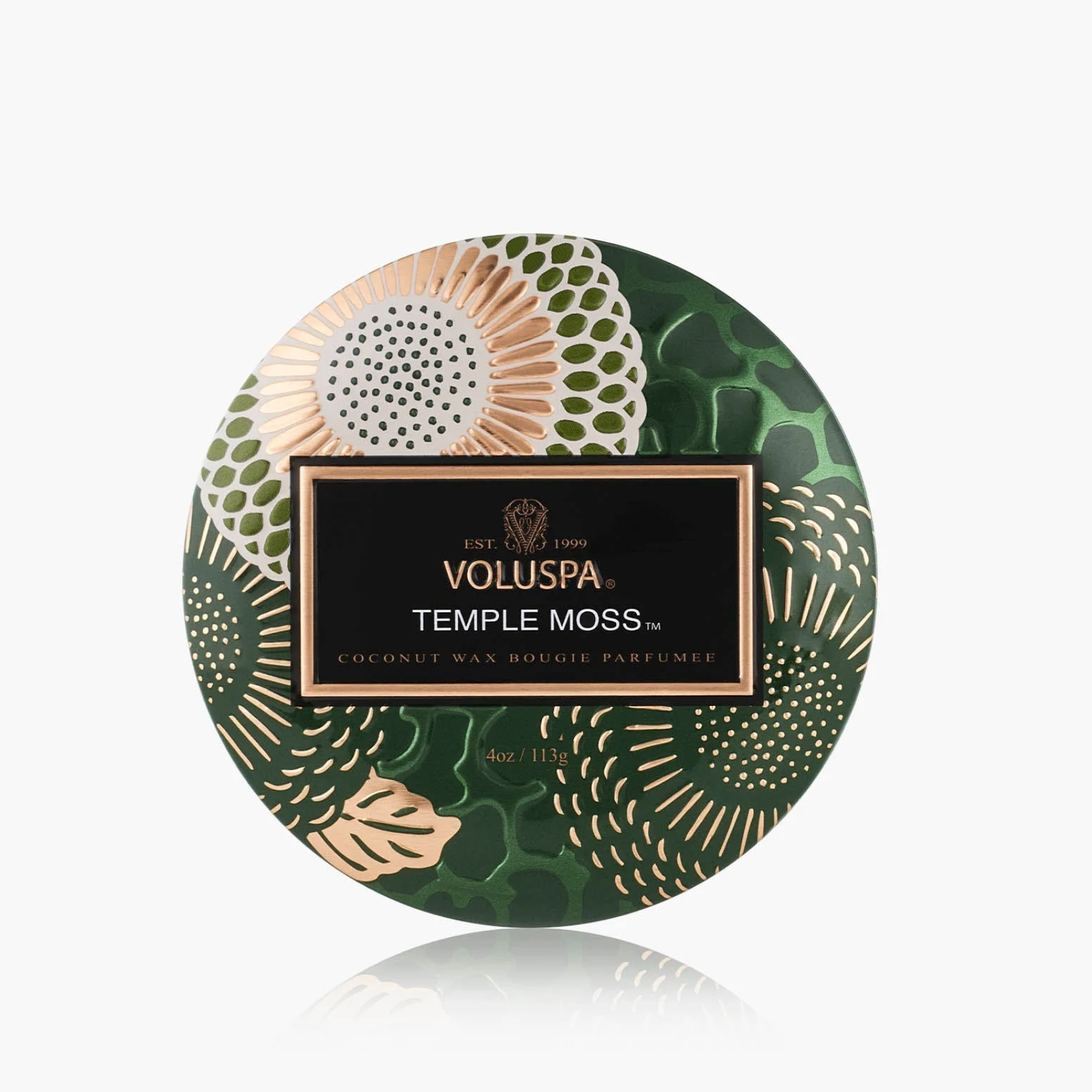 Voluspa Temple Moss candle packaging on a white background