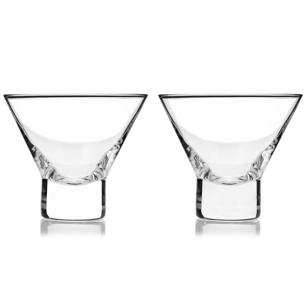 Set of 2 stemless martini glasses on a white background