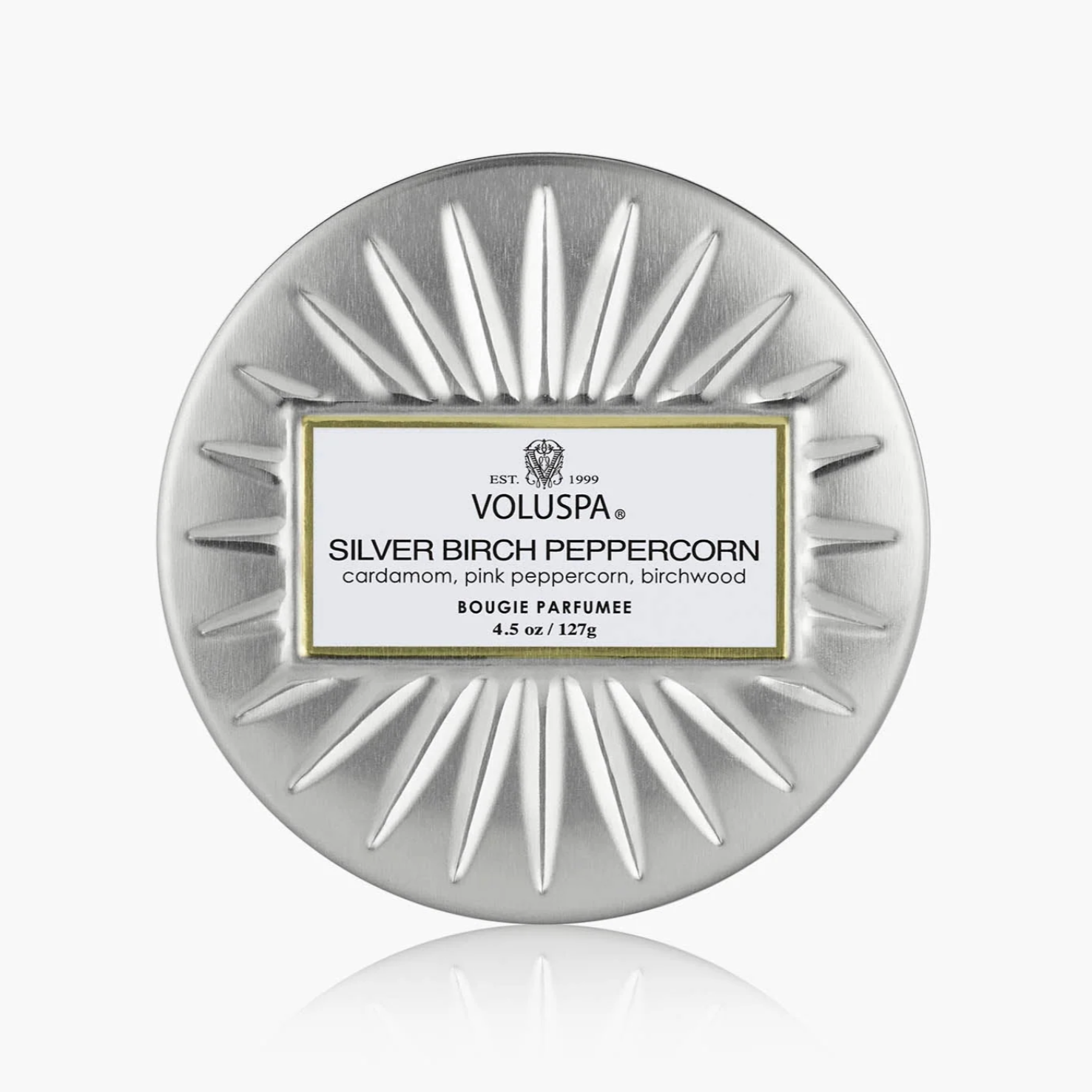 Top of the silver voluspa silver birch peppercorn tin candle