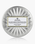 Top of the silver voluspa silver birch peppercorn tin candle