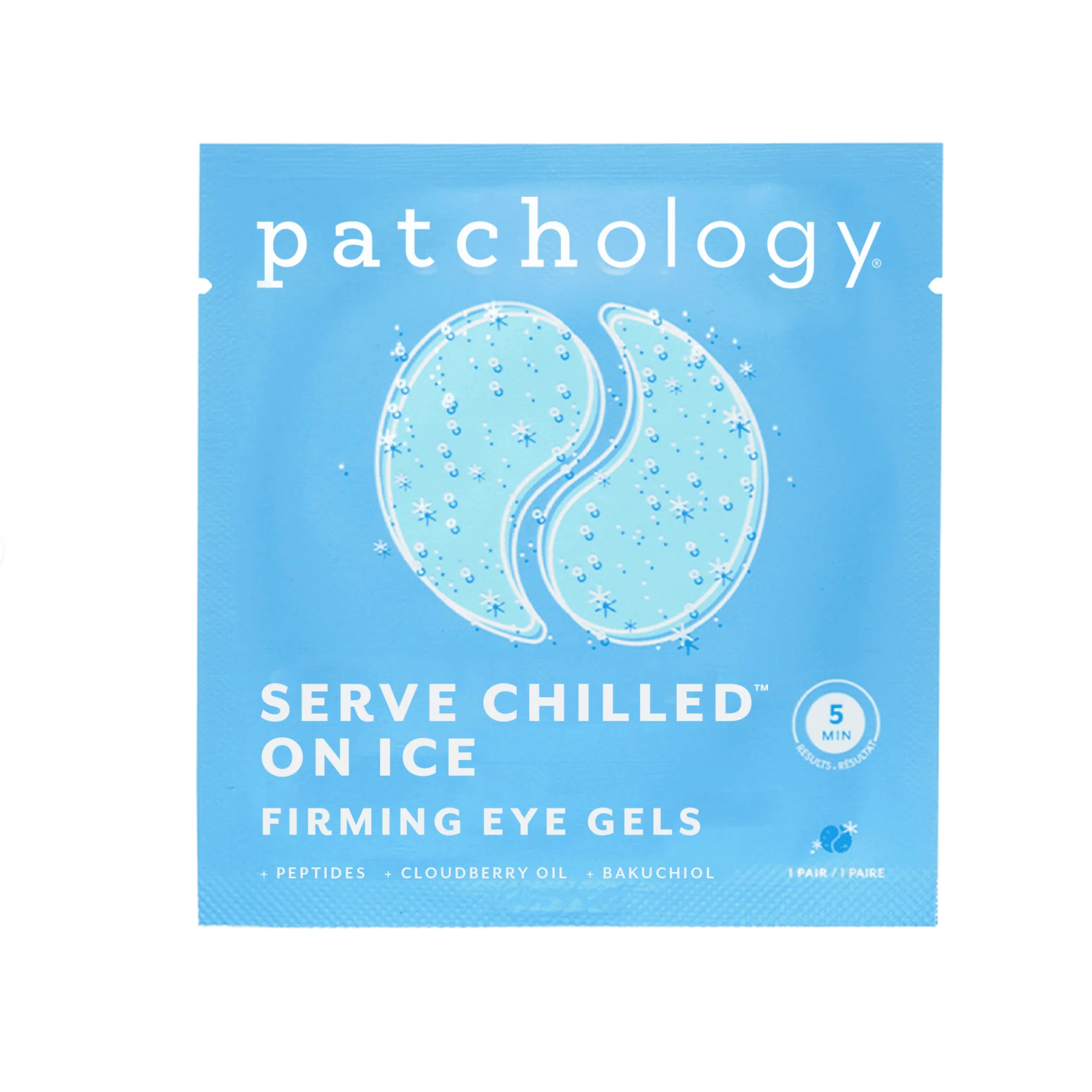 Patchology firming eye gels packaging on a light blue background