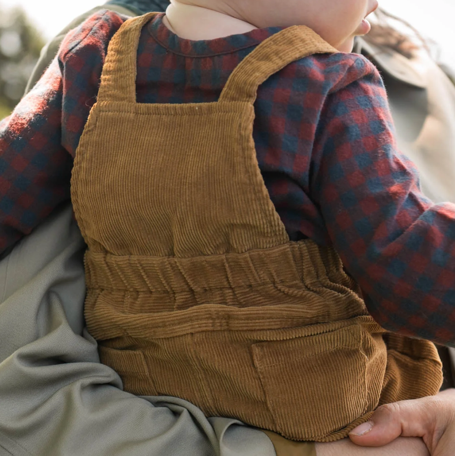 Child wearing brown overalls and a plaid shirt, sitting on a lap.