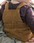 Child wearing brown overalls and a plaid shirt, sitting on a lap.