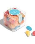 Clear cube container filled with colorful gummy candies labeled 'Heavenly Sours' on a white background.