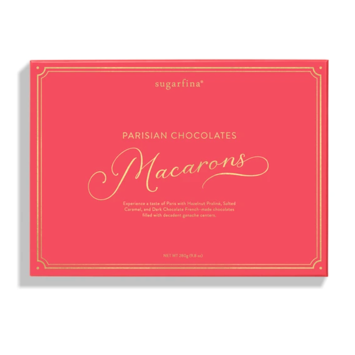 Red box of sugarfina Parisian Chocolates Macarons on a white background