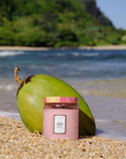 Candle in a pink container with a green coconut on a beach