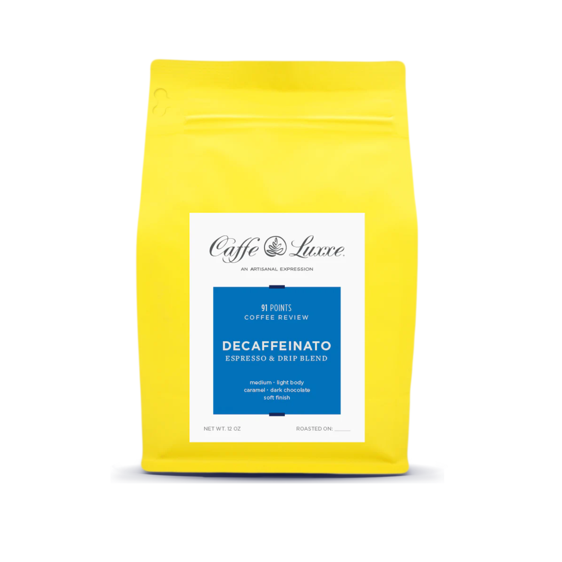Yellow coffee bag with Caffè Luxxe branding on a white background