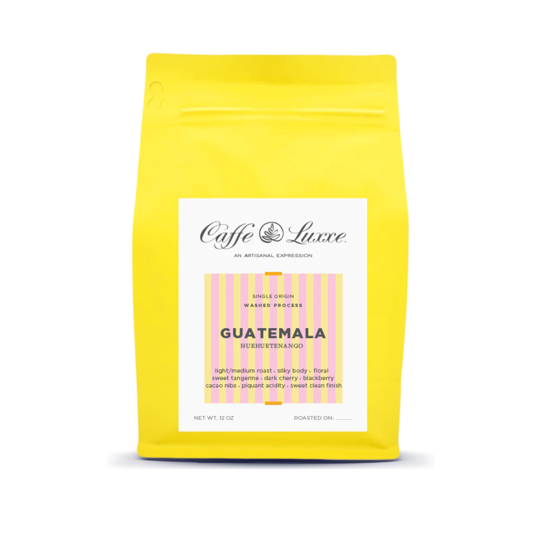 Yellow coffee bag with 'Caffè Luxxe' branding and 'Guatemala' text on a white background