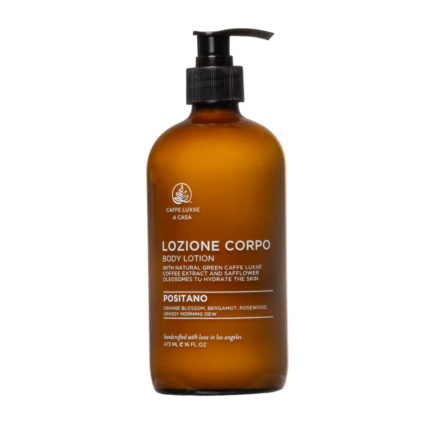 Brown bottle of 'Lozzone Corpo' body lotion with pump on a white background