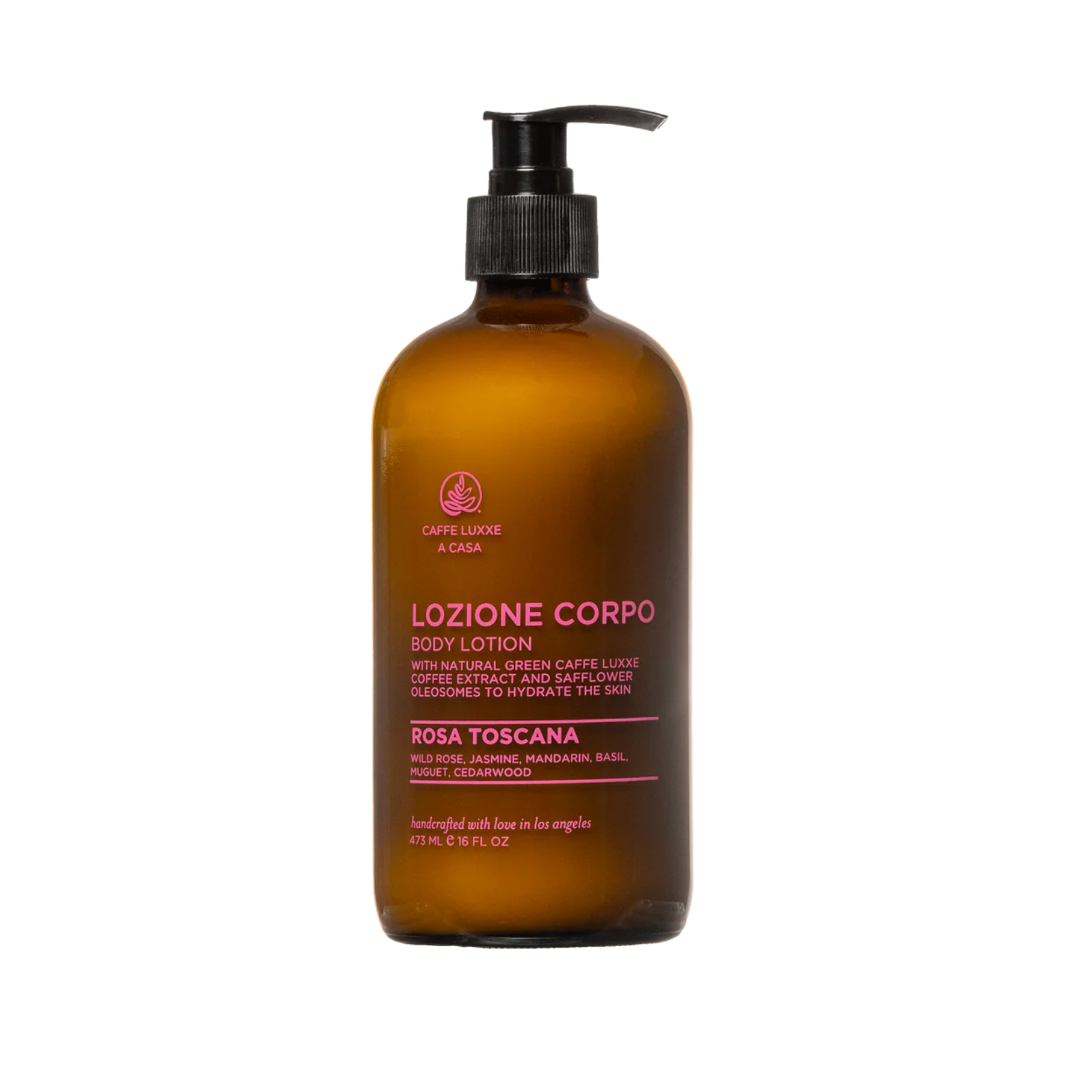 Brown bottle of 'Lozione Corpo' body lotion with pump on a white background