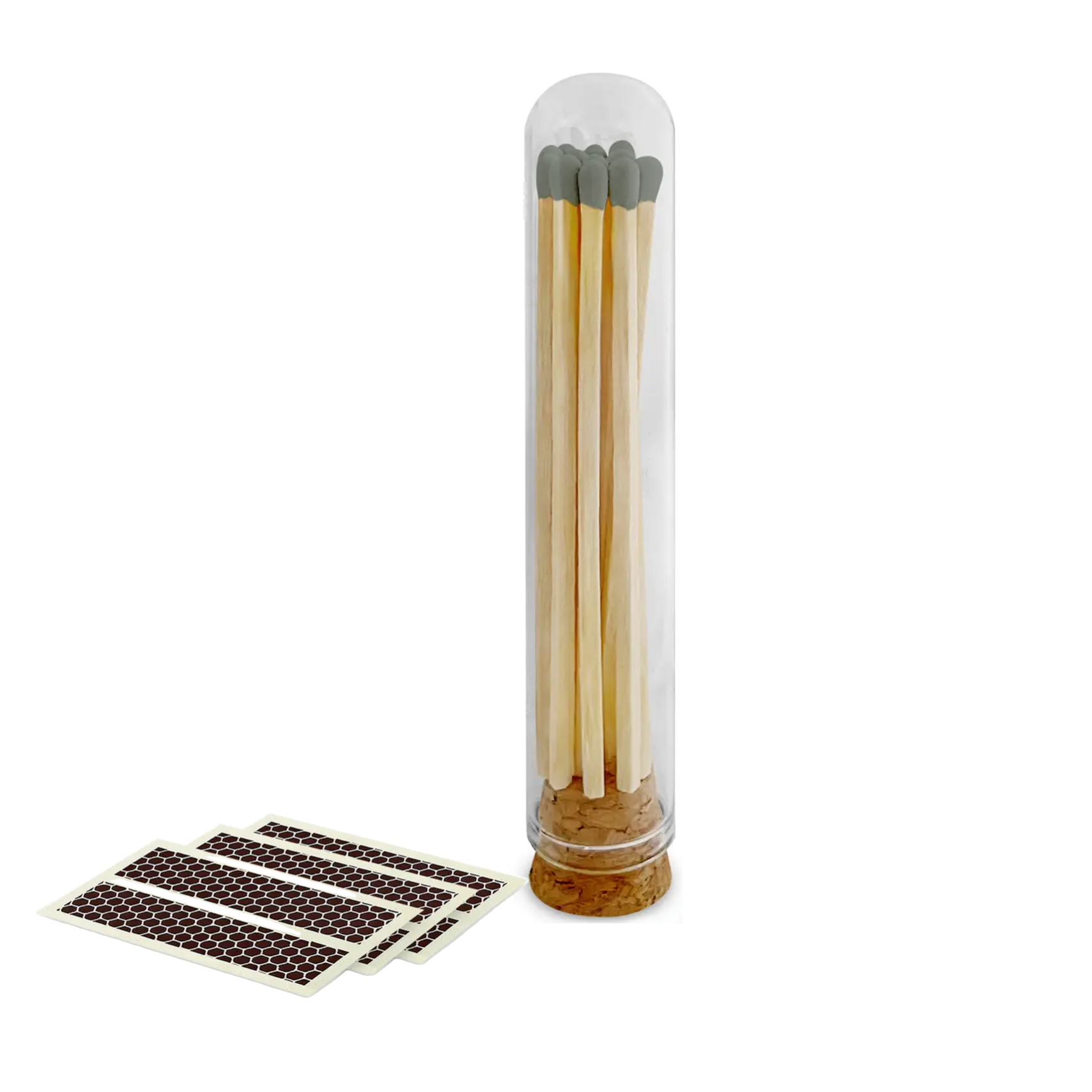 Clear cylindrical container with matches and black patches on a white background