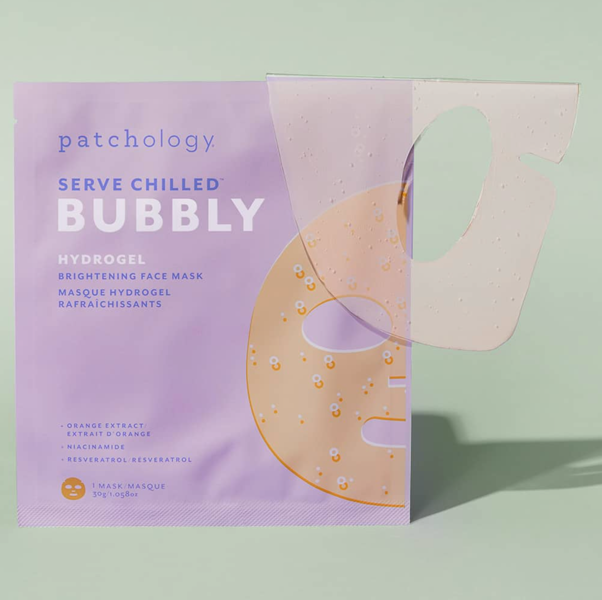 Patchology hydrogel face mask packaging on a light green background