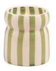 Ceramic candle holder with green and white stripes on a white background