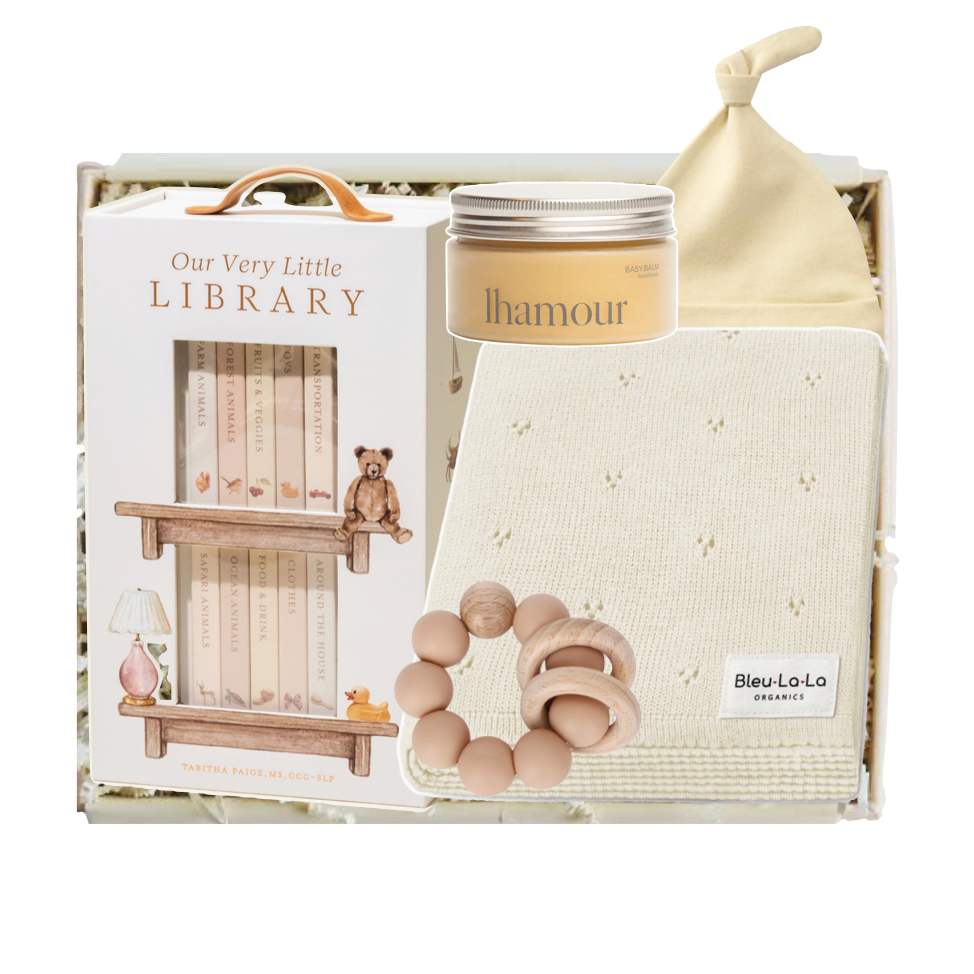 Baby gift set with books, a teether, and a hat on a white background