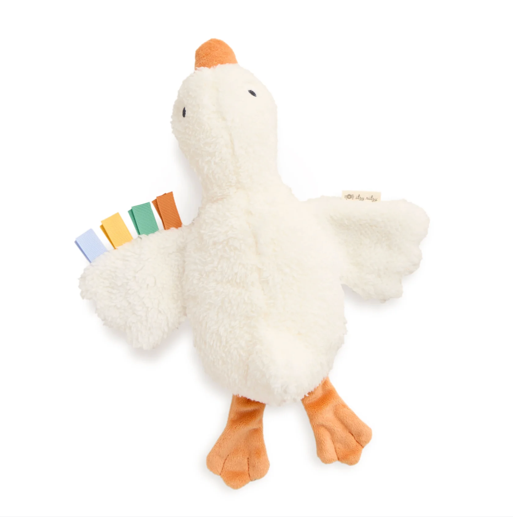 Plush toy goose with a colorful tag on a white background