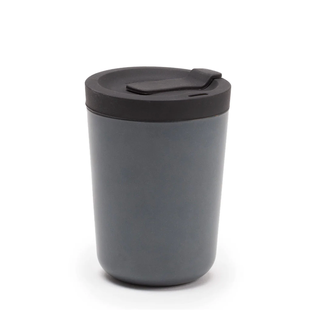 Dark gray tumbler with a lid on a white background