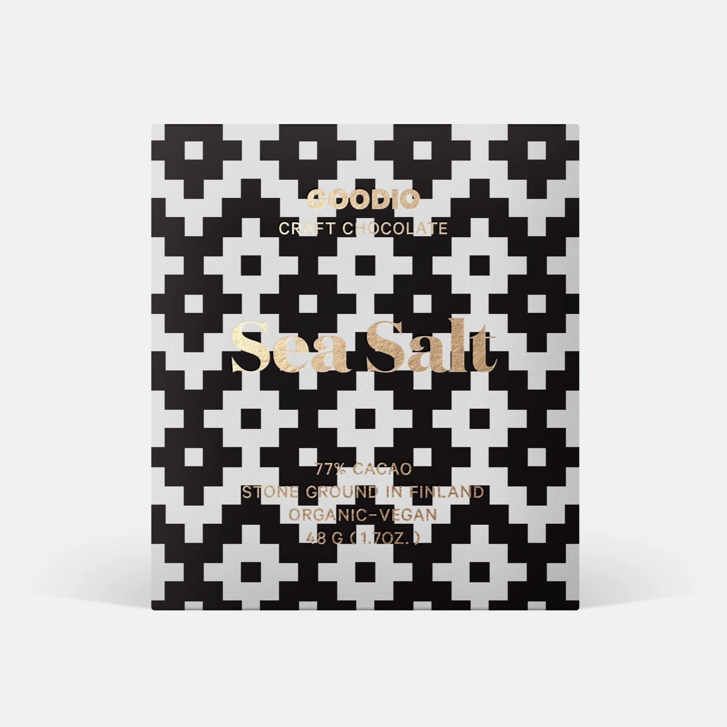 Pack of chocolate with black and white pattern on a white background