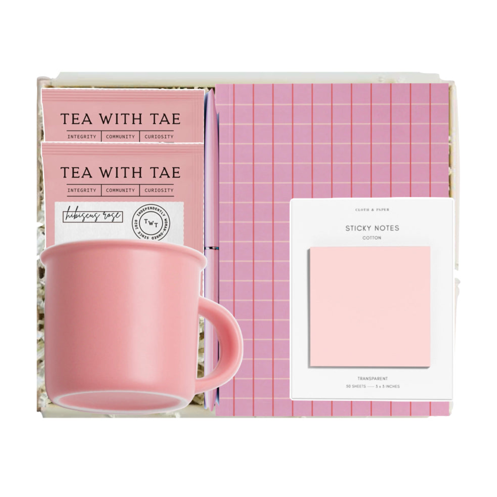 Pink mug and stationery set with 'Tea with Tae' branding on a white background