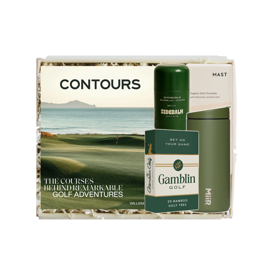 Golf-themed product set with bottles and packaging labeled 'Contours' on a white background