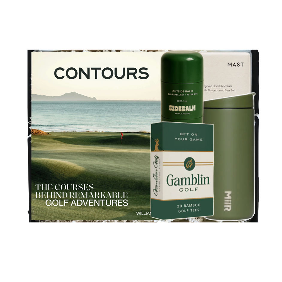 Golf-themed book and canister set with 'Contours' and 'Gamblin Golf' branding on a white background.
