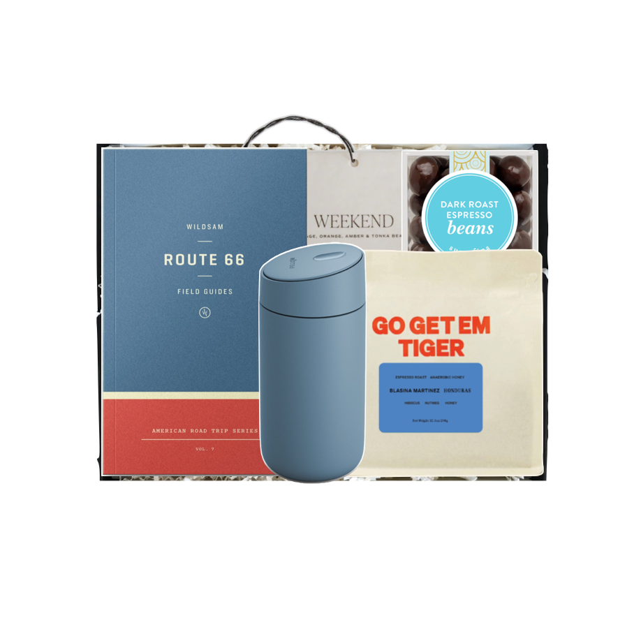 Black gift box with Route 66 book, blue coffee mug, weekend car freshener, go get em tiger coffee bag and dark roast espresso bean candy box 