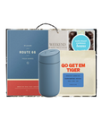 Black gift box with Route 66 book, blue coffee mug, weekend car freshener, go get em tiger coffee bag and dark roast espresso bean candy box 