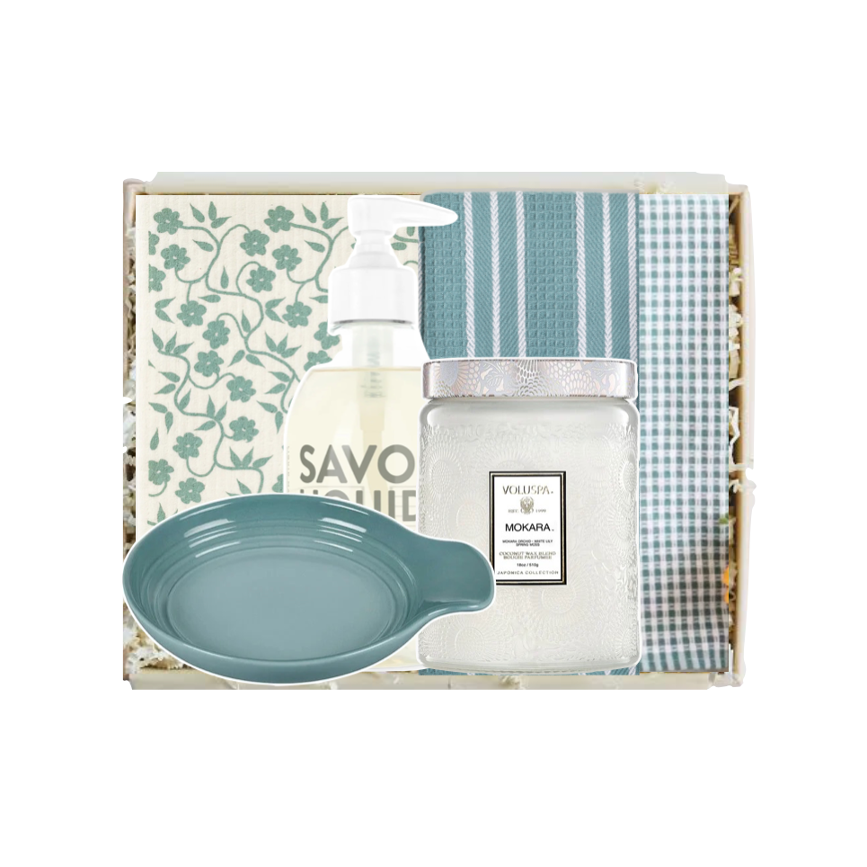 Set of kitchen items including a bowl, bottle, and towel in a box with Savoy Aqua branding.