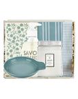Set of kitchen items including a bowl, bottle, and towel in a box with Savoy Aqua branding.