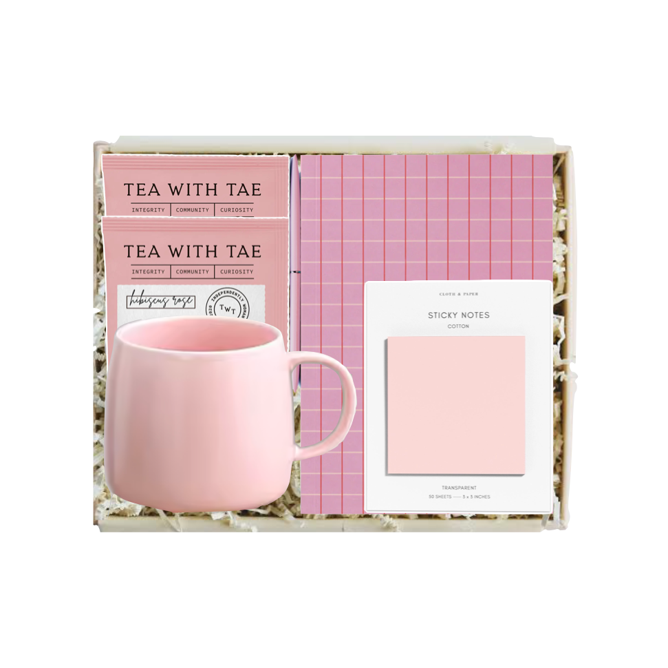 Pink mug and stationery set in a box with 'Tea with Tae' branding.