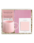 Pink mug and stationery set in a box with 'Tea with Tae' branding.