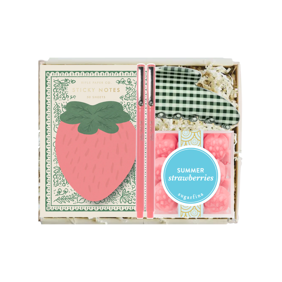 Notebook set with strawberry design and checkered pen in a box labeled 'Summer strawberries'.