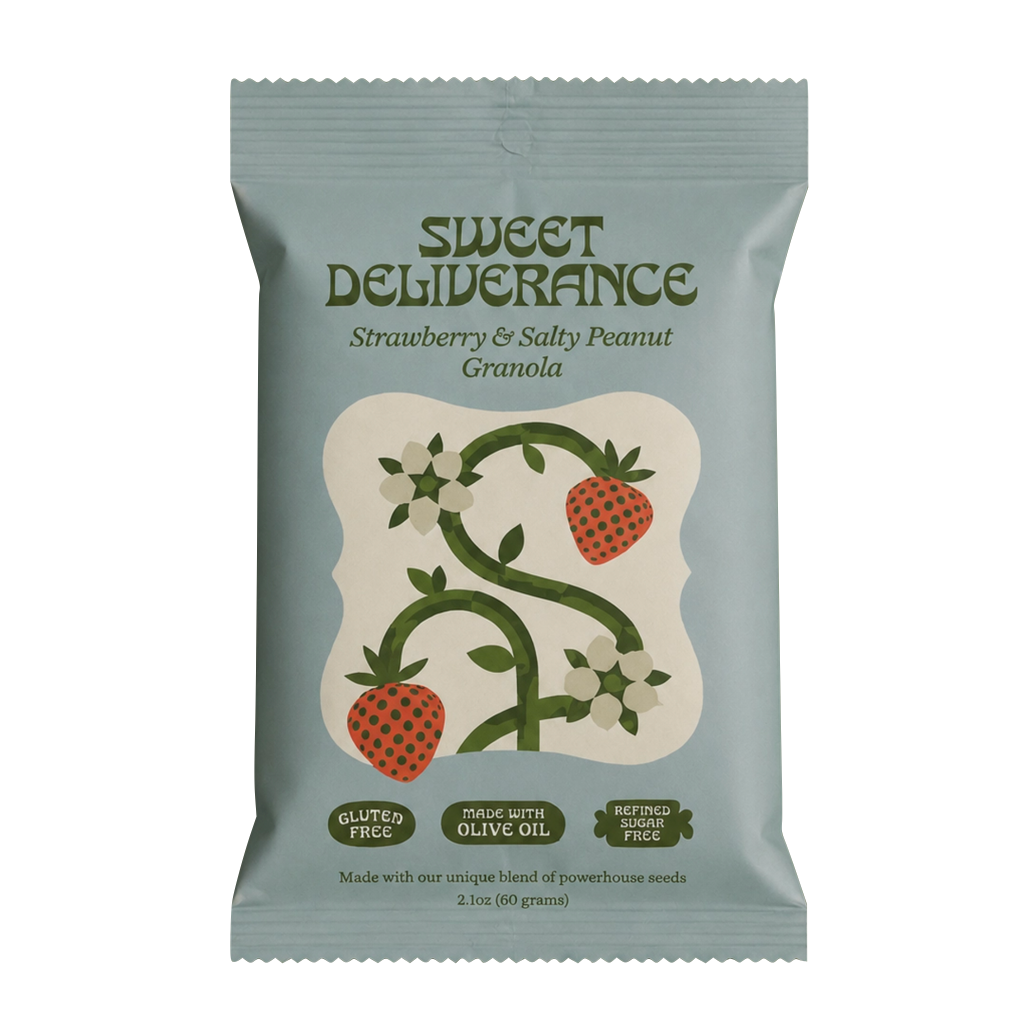 Sweet Deliberance Strawberry &amp; Salty Peanut Granola in a light blue-gray resealable pouch with a cream central label featuring a strawberry vine illustration.
